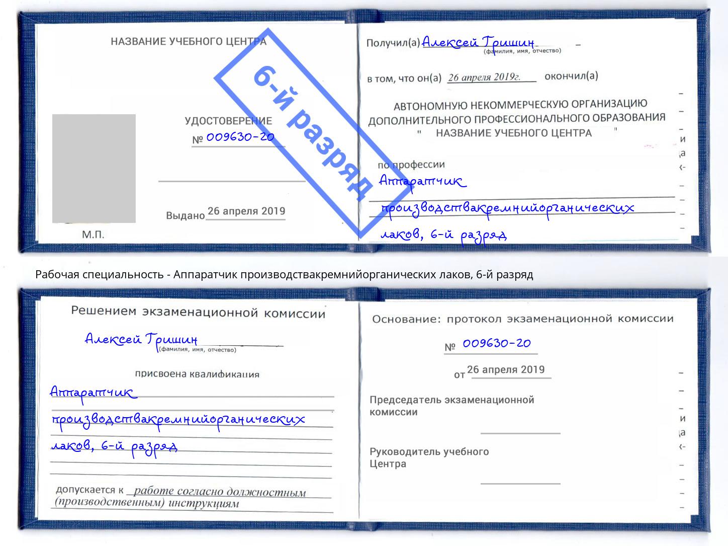 корочка 6-й разряд Аппаратчик производствакремнийорганических лаков Невинномысск