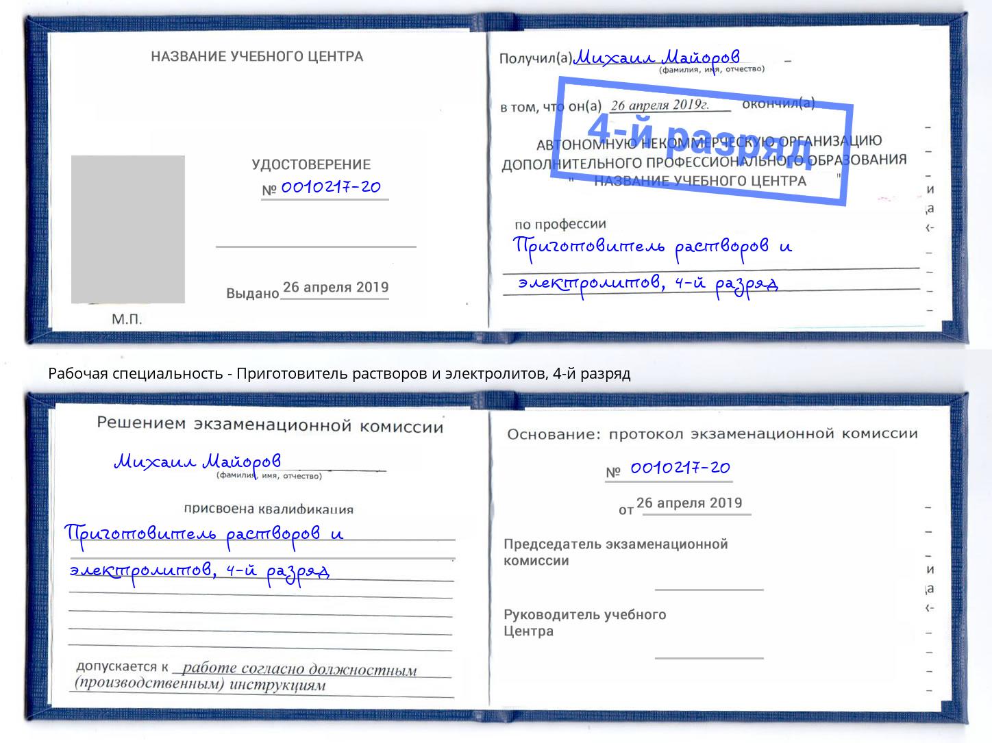корочка 4-й разряд Приготовитель растворов и электролитов Невинномысск